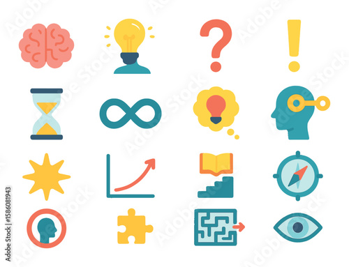 Knowledge-related symbols modern flat style. brain icon, light bulb over head, question mark, exclamation point, hourglass, infinity symbol, idea cloud, key to mind