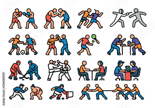 Opponents in sports modern flat style. boxer, wrestler, sprinter, fencer, soccer player, basketball defender, tennis rival, rugby tackler, ice hockey challenger, martial