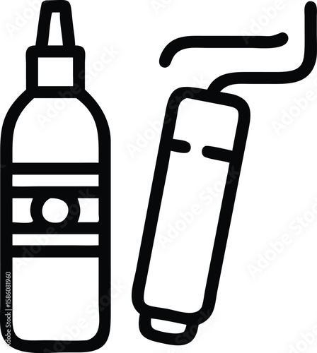 Simple outline icon of liquid bottle with applicator alongside a fluid line