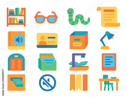 Library and reading knowledge modern flat style. bookshelf, reading glasses, bookworm, open scroll, audio book icon, library card, archive box, reading lamp, library door
