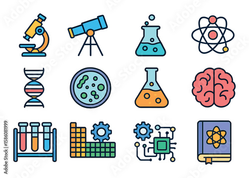 Scientific knowledge tools modern flat style. microscope, telescope, beaker, atom, DNA strand, petri dish, chemical flask, brain, test tube rack, periodic table, gears