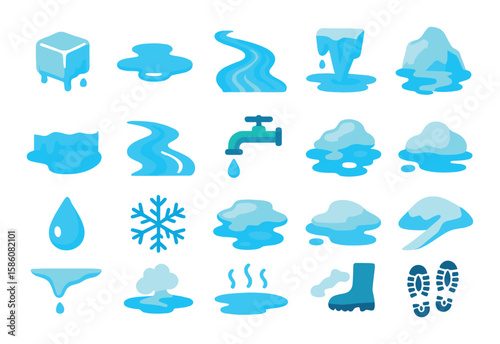 Water from melted ice modern flat style. dripping ice cube, puddle forming, flowing stream, glacier runoff, polar meltwater, icy river, melting tap, slushy ground, water