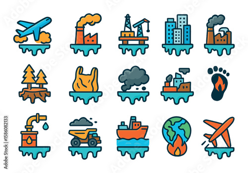 Human impact on ice melt modern flat style. airplane exhaust, factory chimney, oil rig, highway traffic, deforestation, plastic in snow, urban sprawl, coal plant, gas