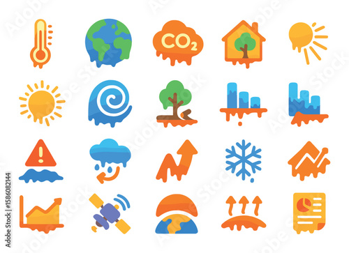 Climate indicators of melting modern flat style. rising thermometer, global temperature icon, CO2 cloud, greenhouse effect, heatwave sun, ocean current swirl