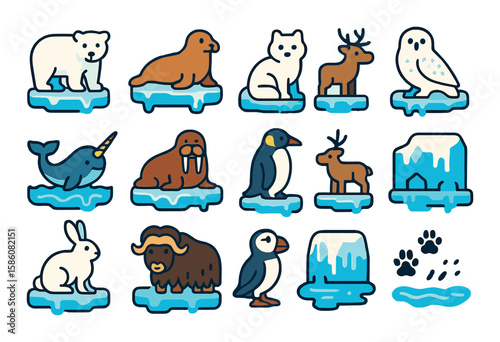 Wildlife affected by melting ice modern flat style. polar bear, seal, arctic fox, snowy owl, narwhal, walrus, penguin, reindeer, arctic hare, musk ox, ice fish, migrating