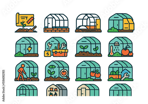 Greenhouse lifecycle stages modern flat style. site planning, foundation laying, frame setup, panel installation, system wiring, tool arrangement, planting phase, climate