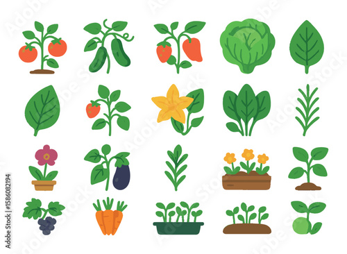 Plants grown in greenhouses modern flat style. tomato plant, cucumber vine, pepper bush, lettuce head, basil leaf, strawberry sprout, zucchini flower, spinach cluster