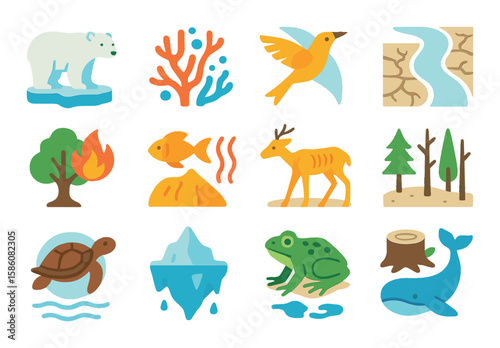 Affected wildlife and nature modern flat style. polar bear on ice, coral reef icon, migrating bird, drying river, burning forest, ocean warming fish, starving deer