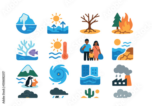 Climate change effects modern flat style. melting glacier, rising sea level, drought tree, wildfires, coral bleaching, heatwave, climate refugees, cracked earth