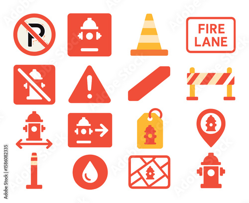 Fire hydrant warning signs and symbols modern flat style. no parking sign, hydrant zone symbol, caution cone, fire lane marking, do not block sign, alert triangle, red