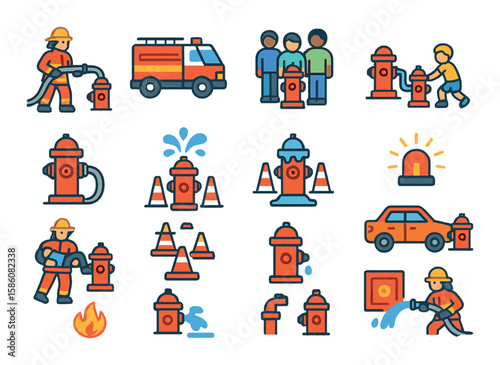 Fire hydrants in emergencies modern flat style. firefighter with hose, fire truck at hydrant, crowd near hydrant, child playing near hydrant, fire hose connected, water