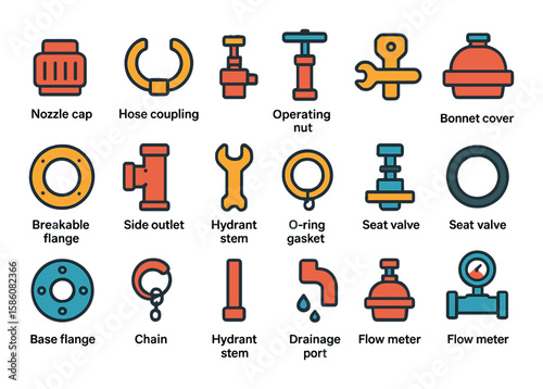Hydrant components and parts modern flat style. nozzle cap, hose coupling, valve stem, operating nut, breakable flange, side outlet, hydrant wrench, bonnet cover, base