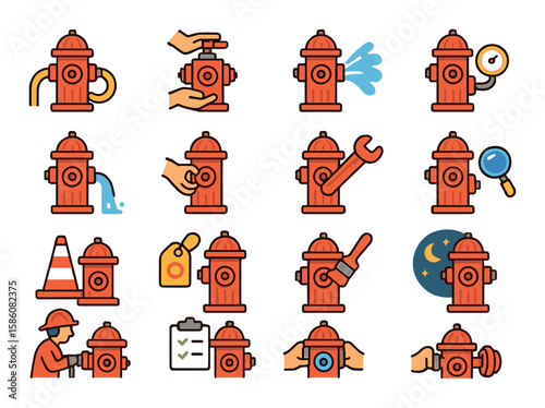 Hydrant usage and actions modern flat style. connecting hose, opening valve, water spraying, pressure testing, hydrant flushing, cap removal, wrench turning, flow