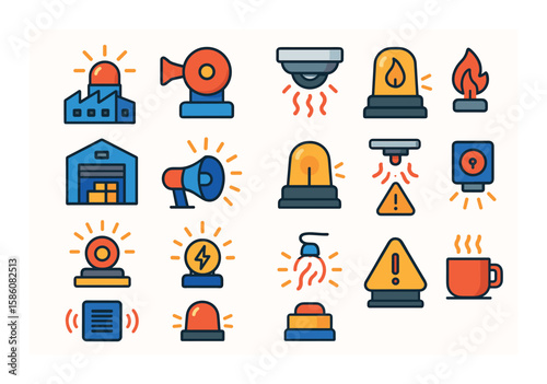 Industrial and workplace sirens modern flat style. factory alarm, fire drill horn, smoke detector buzzer, gas leak siren, warehouse alert, high noise alarm, safety light