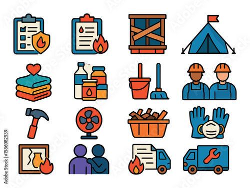 Post-fire recovery modern flat style. insurance form, fire report, boarded-up window, temporary shelter, donated clothes, food supplies, cleanup tools, restoration team