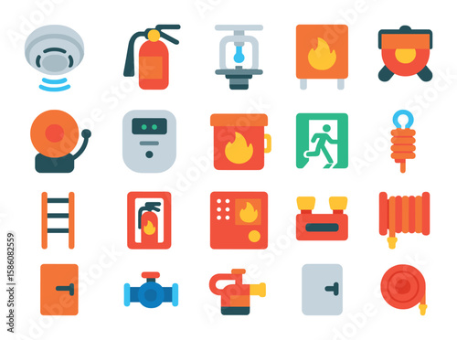 Fire safety devices in home modern flat style. smoke detector, fire extinguisher, sprinkler head, fire blanket, alarm bell, carbon monoxide detector, fireproof box