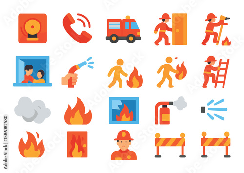 House fire emergency response modern flat style. fire alarm, phone call, fire truck arrival, firefighter entry, rescue window, hose spray, family evacuation, ladder