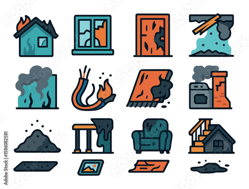 Damaged house elements modern flat style. charred roof, broken window, burnt door, collapsed ceiling, smoke-stained wall, melted wires, scorched carpet, cracked chimney