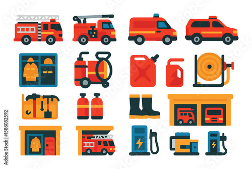 Fire station vehicles and storage modern flat style. ladder truck, pumper truck, rescue van, command SUV, water tanker, turnout gear cabinet, foam unit, fuel canister