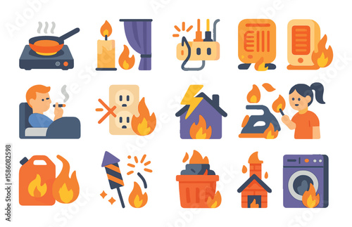 Causes of house fires modern flat style. unattended stove, candle near curtain, overloaded outlet, space heater, smoking in bed, faulty wiring, lightning strike, kids