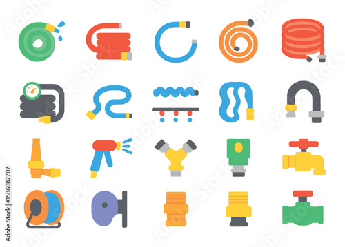 Types of hoses and connectors modern flat style. garden hose, fire hose, air hose, coiled hose, pressure hose, drip hose, expandable hose, industrial hose, metal nozzle