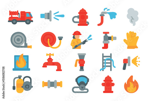 Hose use in firefighting modern flat style. fire truck hose, water stream, hydrant hookup, high-pressure line, coiled fire hose, wall mount reel, firefighter holding hose