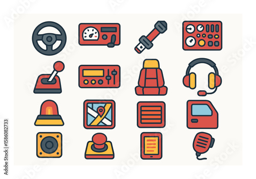Fire truck interior and controls modern flat style. steering wheel, dashboard, seatbelt, control panel, gear lever, radio interface, seat, headset, siren switch, GPS