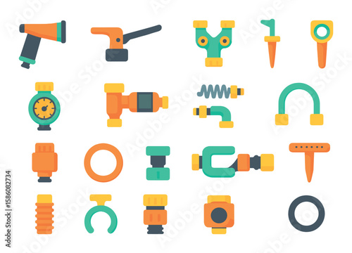 Hose accessories and parts modern flat style. spray nozzle, flow control lever, Y-splitter, hose guide spike, tap timer, inline filter, anti-kink spring, hose hanger