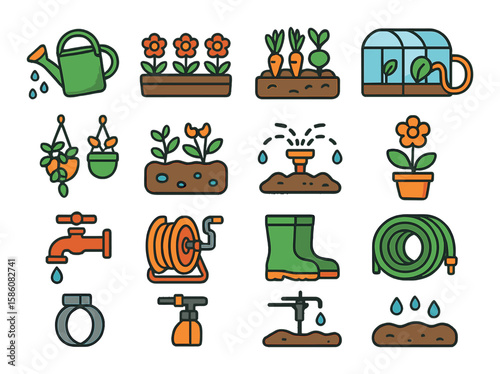 Hose uses in the garden modern flat style. watering can icon, flower bed, vegetable patch, greenhouse hose, hanging plants, lawn sprinkler, wet soil, potted plant, garden