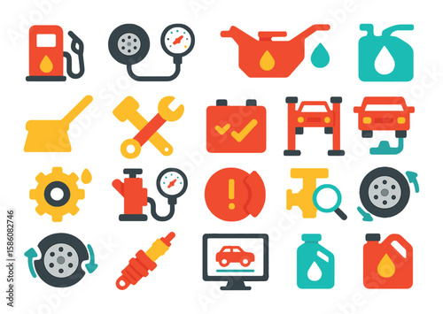 Fire truck maintenance and service modern flat style. fuel icon, tire pressure gauge, oil can, water refill, cleaning brush, engine wrench, battery check, hydraulic lift