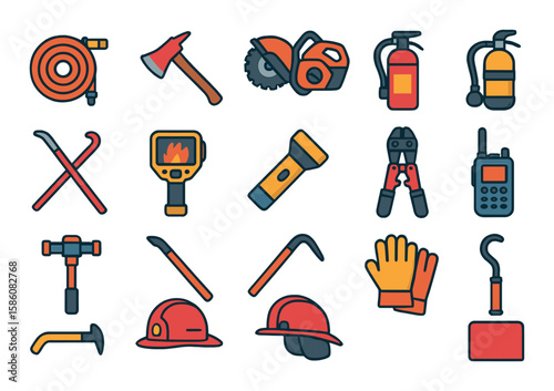 Fire truck equipment and tools modern flat style. fire hose, fire axe, rescue saw, extinguisher, crowbar, thermal camera, flashlight, breathing apparatus, hydrant wrench