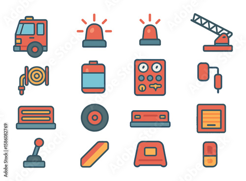 Fire truck structure and parts modern flat style. cab, siren, emergency light, ladder mount, hose reel, water tank, pump panel, side mirror, front grill, rear wheel