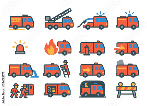 Fire truck in action scenes modern flat style. truck driving, ladder extended, hose spraying, lights flashing, siren ringing, arriving at scene, parking beside hydrant
