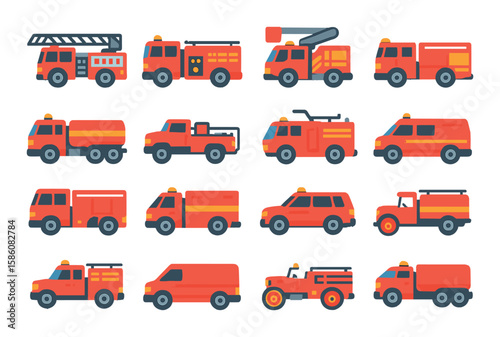 Fire truck types and models modern flat style. ladder truck, pumper truck, aerial platform truck, rescue truck, tanker truck, wildland truck, airport fire truck, light