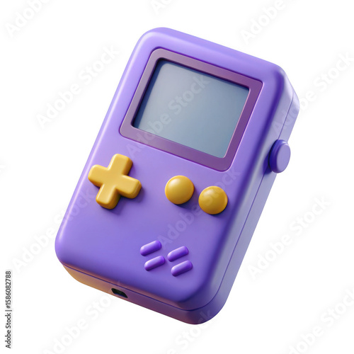 Retro purple handheld gaming device with yellow buttons isolated on transparent background