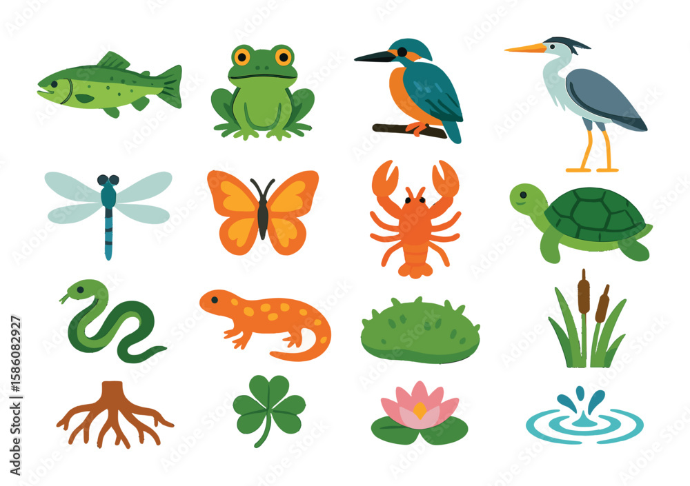 Obraz premium Waterfall wildlife and flora modern flat style. trout, frog, kingfisher, heron, dragonfly, butterfly, river crab, turtle, water snake, salamander, moss patch, river reeds