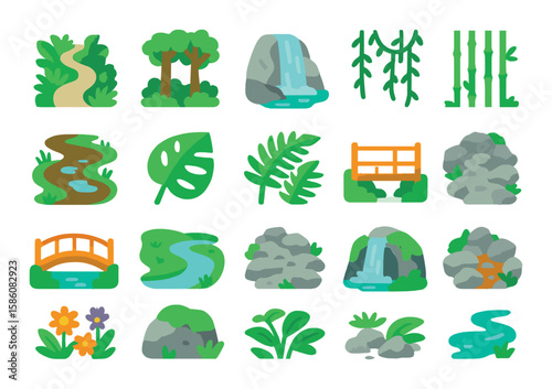Waterfall environments and terrain modern flat style. jungle trail, forest canopy, slippery rock, bamboo grove, wet path, tropical leaf, hanging vines, viewing deck
