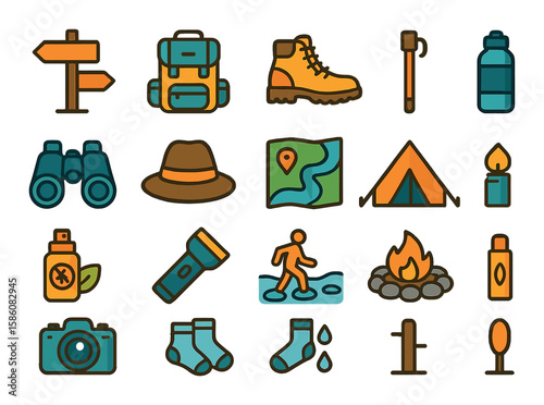 Waterfall travel and hiking modern flat style. trail sign, backpack, hiking boots, walking stick, water bottle, binoculars, wide-brim hat, trail map, tent, insect