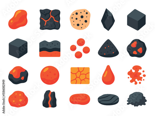 Volcano materials and textures modern flat style. molten lava, solidified crust, pumice stone, obsidian shard, basalt block, ash layer, lapilli, volcanic sand, scorched