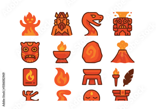 Volcano-related myths and symbols modern flat style. fire spirit, mountain god, lava serpent, erupting idol, ritual mask, volcanic offering, ancient stone, sacred peak