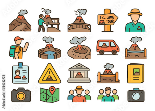 Volcano tourism and exploration modern flat style. hiking trail, lookout platform, lava tour sign, guide icon, backpacker, volcanic viewpoint, crater path, tour van