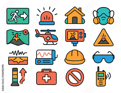 Volcano emergency and safety modern flat style. evacuation route, warning siren, emergency shelter, ash mask, hazard zone map, rescue helicopter, thermal camera, hazard