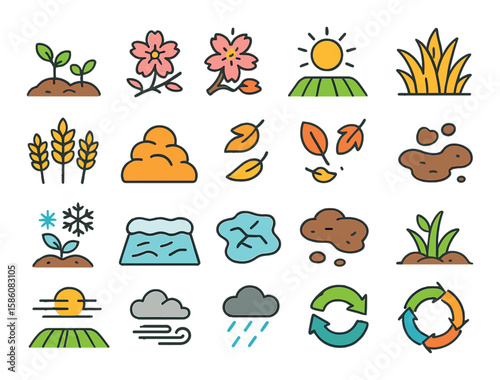 Seasonal field changes modern flat style. green spring growth, early bloom, summer brightness, dry yellow grass, golden wheat, harvest pile, falling leaves, muddy patches
