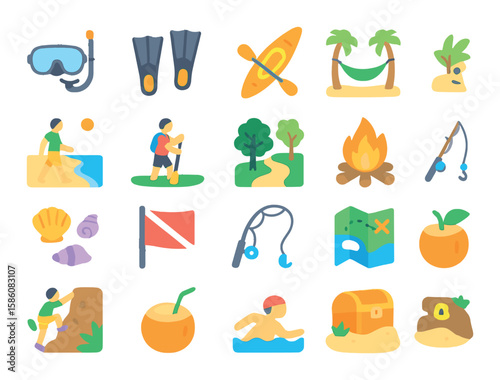 Island activities and exploration modern flat style. snorkeling mask, swim fins, kayak, hammock, beach walk, paddleboard, jungle trail, campfire ring, shell collection
