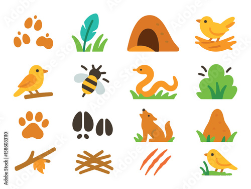 Wildlife and signs in fields modern flat style. animal tracks, feather in grass, burrow hole, nesting spot, bird perch, buzzing bee icon, snake trail, rustling bush, paw