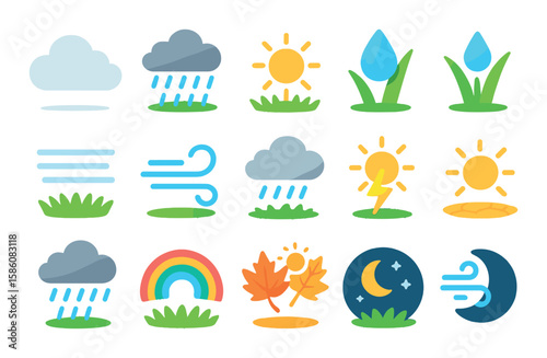 Field weather and conditions modern flat style. cloudy sky, rain over grass, sunny patch, morning dew, frost layer, strong breeze, overcast sun, lightning strike, fog on