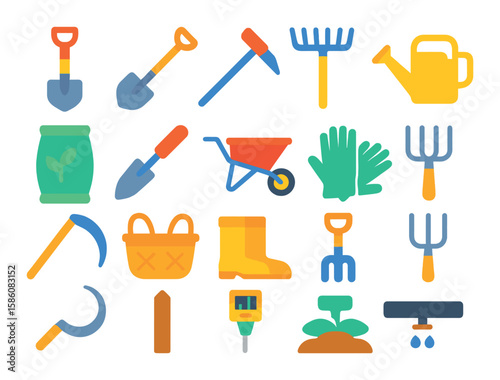 Field work and tools modern flat style. shovel, hoe, rake, watering can, seed bag, planting trowel, wheelbarrow, gloves, scythe, harvest basket, boots, pitchfork, sickle