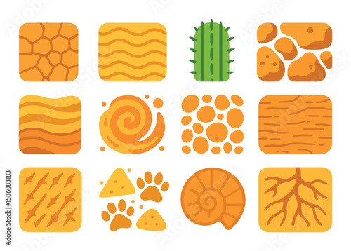 Desert textures and patterns modern flat style. cracked mud, rippled sand, cactus spine, rocky grain, layered rock, swirling dust, pebble surface, dry leaf, thorn pattern