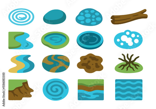 River textures and forms modern flat style. water ripple, smooth stone, pebbled riverbed, drift log, curved bank, shallow pool, deep pool, foam cluster, sandbar, braided