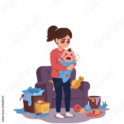 Tired and frustrated mother holding crying baby in a messy room.